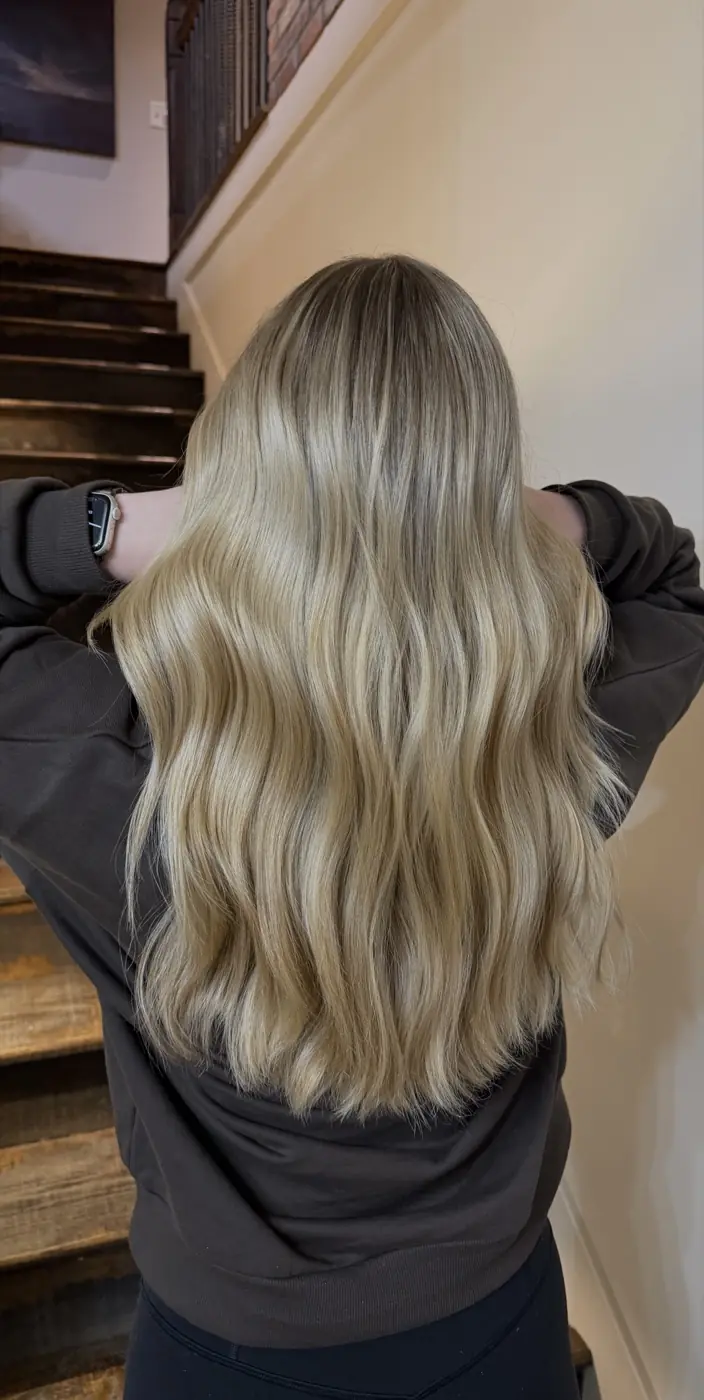 Warm honey blonde, waved through the lengths and worn long.